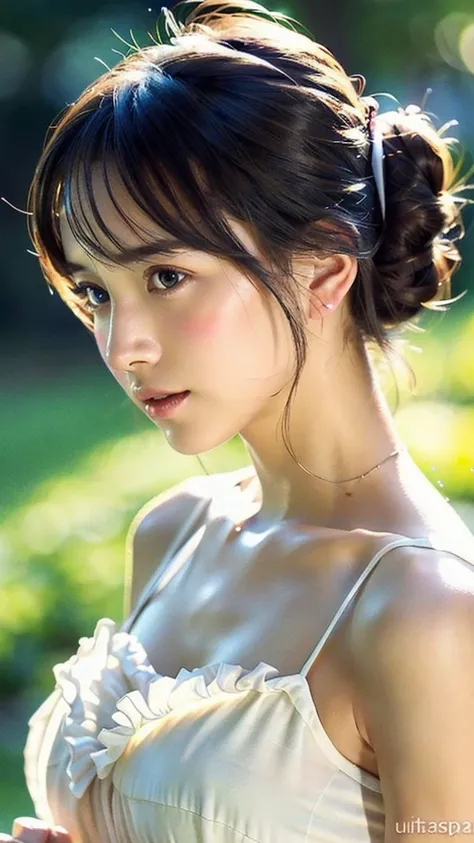 (ultra-detailed CG artwork:1.2), (photorealistic:1.3), (Japanese woman:1.1), A girl, solo, portrait, gentle expression, hairstyle updo, white sundress, park background