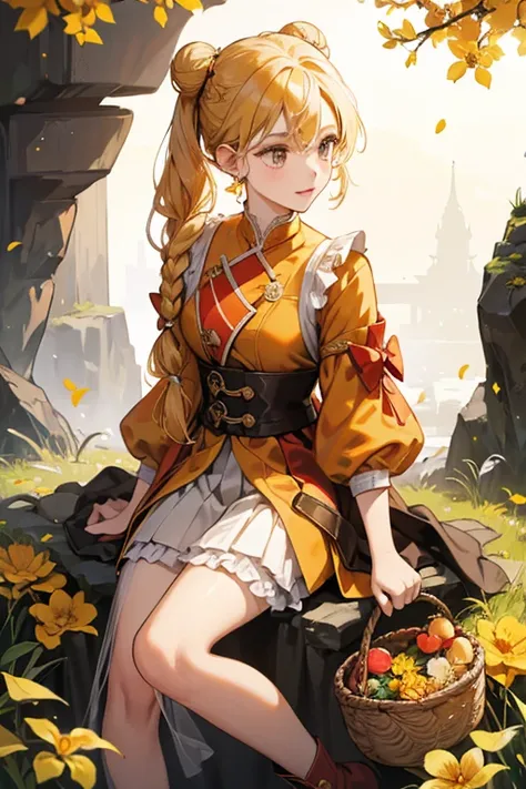 Yaoyaos blond hair is braided and tied into a bow on top of her head. Her face is evenly framed by a set of neat bangs, with a pair of gold flower-shaped hairpins. Her hair is tied into two small buns, held together with a set of oversized golden jingle be...