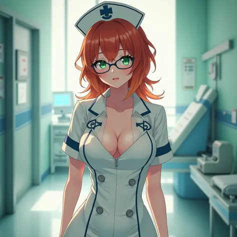 Beutiful,sexy nurse,anime,open top,copper long hair,green eyes,glases focus full bodyFirst-Person View, 