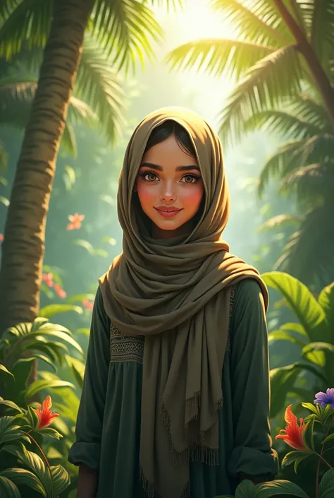 Hijab ,middle Eastern, 20 yo , in the jungle, smile 