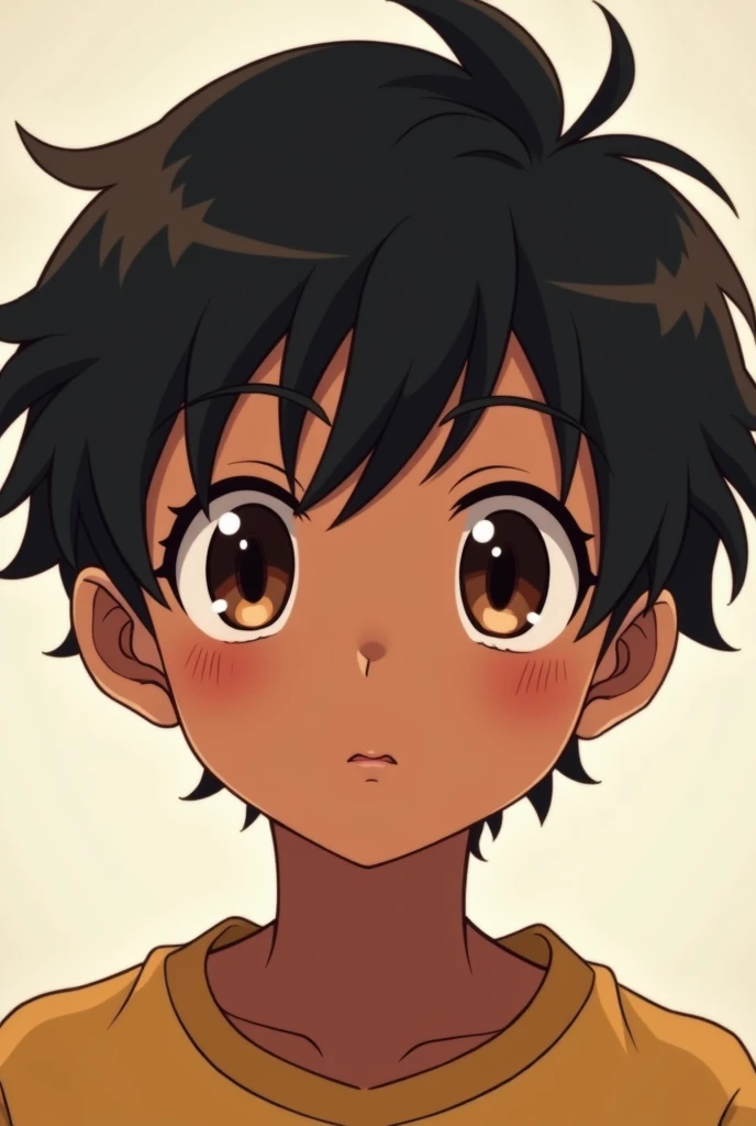 Male Young Brown skin Short dark hair Dark eyes Round face Anime