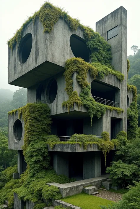 make a brutalist house but full of lush, hanging vines and moss

make a lot of different shape

add a balcony

make some windows circle 