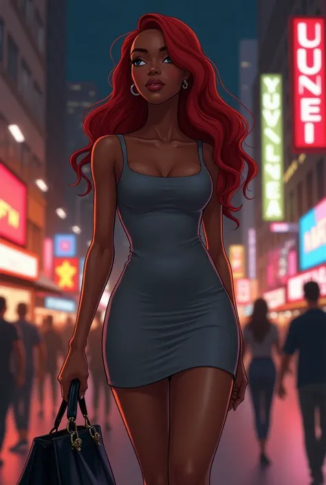 A black woman with long red hair, wearing a basic gray dress, She is holding a medium sized, black colored bag, New York at night, well lit 