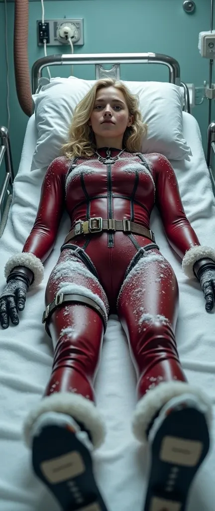 (highly detailed) Hot young tennage girl is wearing dark matte cherry winter latex suit with black elements suit is covered in snow that reflect the light of the sun she has blond wavy hair freckles and her ass is bigger her brest is big HD real photo 8K s...