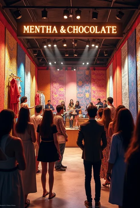 a pop up store of the peruvian fashion brand "mentha & chocolate", that shows people enjoying a music event inside the store (also please show the name of the store)