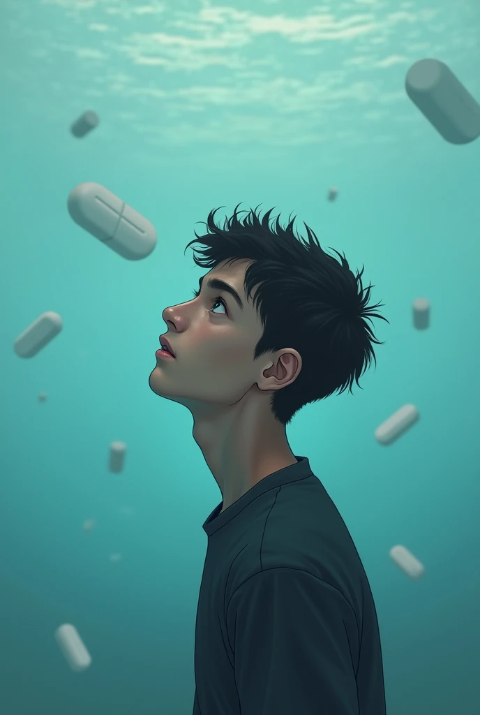 Background is ocean color and there is a man thinking 1 pill is equal to 6 oysters. The man is young and the image size is 1080 x 1080 pixels