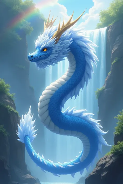 masterpiece, Highest quality,Japan Dragon God、Blue dragon、Rin々A gentle and calm expression、With fluffy fur。Flying in a circle。No wings、Sparkling and kind eyes、Its snake-like, slender body is so long that it doesn&#39;t fit on the screen.、The background is ...