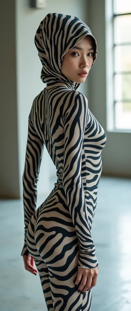 The most beautiful,thin,most pretty and clever Chinese contortion adult girl wears zebra print lycra turtleneck unitard catsuit covered with many stripes.She always wear zebra print lycra dancewear hijab-like zentai hood covered with many stripes.




