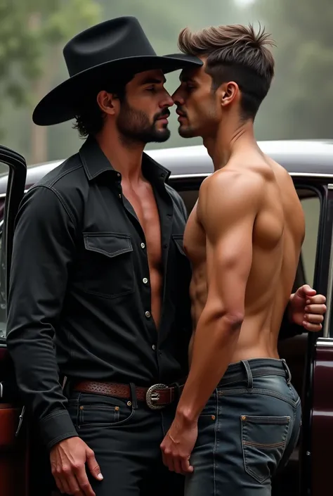 A handsome man with a hat and a black cowboy outfit getting out of a car with a cute, handsome young man without a shirt on, holding the young man up.