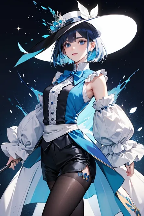 Furina wears a dark blue suit-like outfit over a vest with a jabot, all decorated with multiple blue cut stone accessories that resemble water droplets at several places. A blue sash is laid over the vest, tied into a bow and pinned with a large blue gem i...