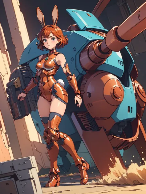 (masterpiece), (best quality), ((one girl)),((red copper hair)),(brown eyes),short hair, curly hair, anime style, freckles, (small breast), (petite figure), legs,(blue mecha armor) (full body armor),(full leg armor),(almond eyes),(tan skin), ((bunny mask))...