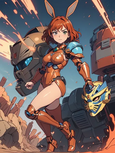 (masterpiece), (best quality), ((one girl)),((red copper hair)),(brown eyes),short hair, curly hair, anime style, freckles, (small breast), (petite figure), legs,(blue mecha armor) (full body armor),(full leg armor),(almond eyes),(tan skin), ((bunny mask))...