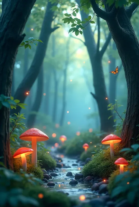 masterpiece, best quality, (Very detailed的 CG unity 8k 壁纸), (best quality), (Best Illustration), (Best shadow), forest theme with Natural Elements. Tall trees, Quiet stream, glowing little mushrooms, surrounded by delicate Leaves and Branches, with firefly...