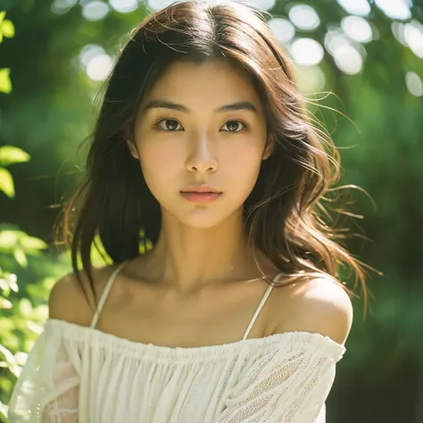 a hyper-realistic close-up image of a single japanese woman in her early 20s, captured with the nostalgic warmth and subtle grai...