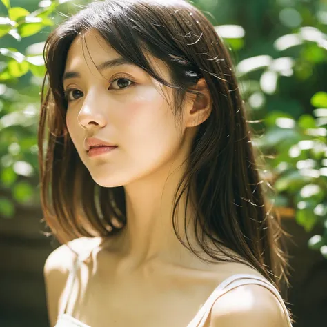 A hyper-realistic close-up image of a single Japanese woman in her early 20s, captured with the nostalgic warmth and subtle graininess of a film camera, focusing on her face and shoulders. Her skin has a warm beige tone with a natural, slightly rough textu...