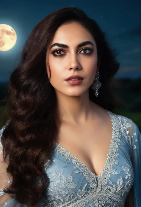 A beautiful woman standing in a moonlit landscape, (best quality,4k,8k,highres,masterpiece:1.2),ultra-detailed,(realistic,photorealistic,photo-realistic:1.37),detailed facial features,piercing eyes,full lips,long eyelashes,flowing hair,elegant pose,dramati...