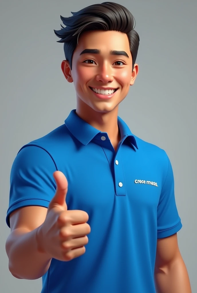  Create a realistic young white Latino with a polo shirt collar in total electric blue color. besides, The polo shirt must have the phrase in white " CRECE MASS" needle-stitched in the right breast. Must have thumb up . The young person must be between 20 ...