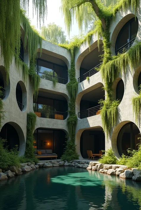 make a brutalist house interior design

full of lush, hanging vines and moss

make a lot of different shape

add a balcony

make some windows circle 

make the house inside a lake that is surrounded by willow trees