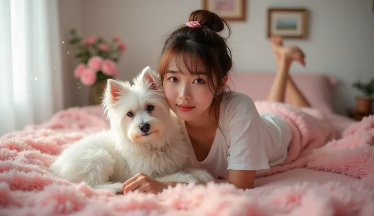 a beautiful tanned japanese woman wearing white messy loose t-shirt, with messy bun hair highlighted brown, seen laying and daydreaming looking at camera on her glittery cozy fluffy messy glittery soft pink sheet bed, pink fur blanket, broken white wall in...