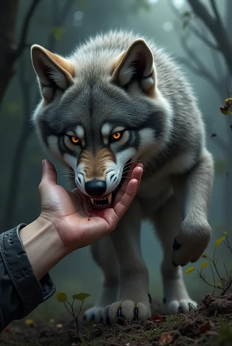 Angry wolf cub biting a hand