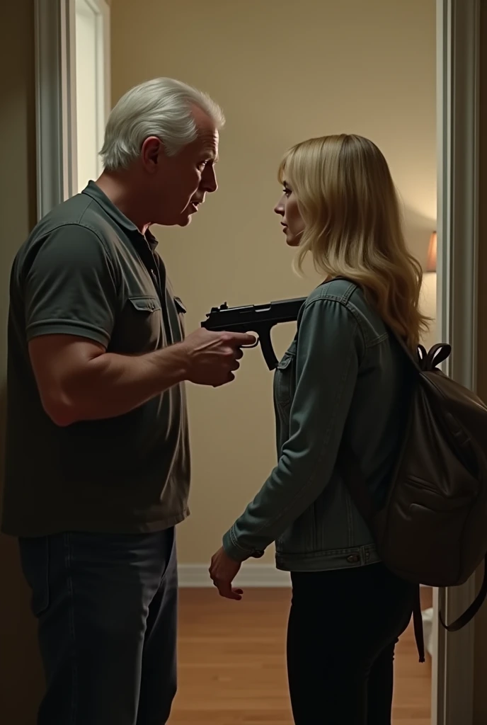 White man with a gun entering a house with a blonde woman with a backpack