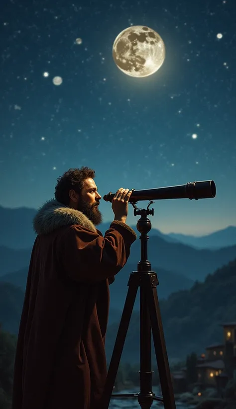 A depiction of Galileo using one of his early telescopes, observing the night sky with celestial bodies visible through the lens.