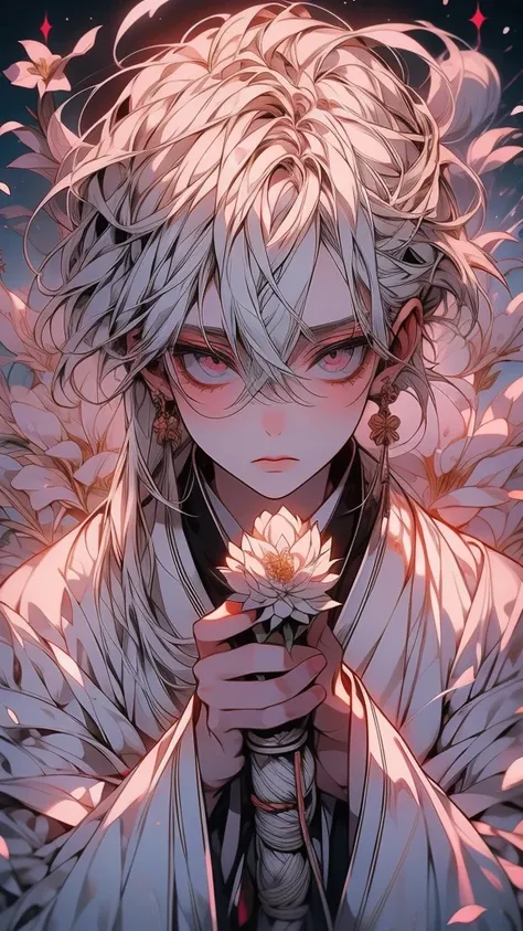 Long white hair anime、holding a white flower in her hand, Gray-haired deity, Hungry Ghost Festival, Flowing white robes, Hajime Yatate, Yoseharu Agotoge, by Shimo, Non-Dual God of Spring, Gray-haired, shikamimi, In kimono, White petals, Gray-haired