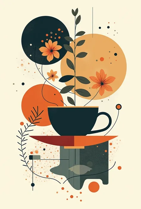 An abstract design incorporating elements of Italian espresso cups, Thai floral patterns, and Japanese calligraphy, with a contemporary color palette