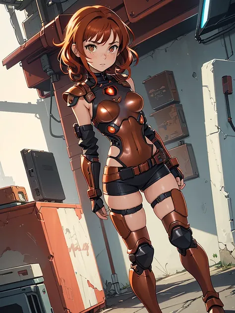 (masterpiece), (best quality), ((one girl)),((red copper hair)),(brown eyes),short hair, curly hair, anime style, freckles, (small breast), (petite figure), legs,(cyberpunk armor) (full body armor),(full leg armor),(almond eyes),(tan skin),