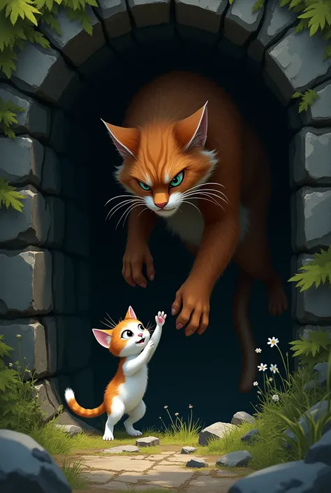 In a shadowy forest, the father cat, The father cat, The father cat, tall and muscular with deep brown fur, carefully descends into a dark, abandoned well to rescue the happy kitten. His determined expression and powerful limbs contrast with the dark, moss...