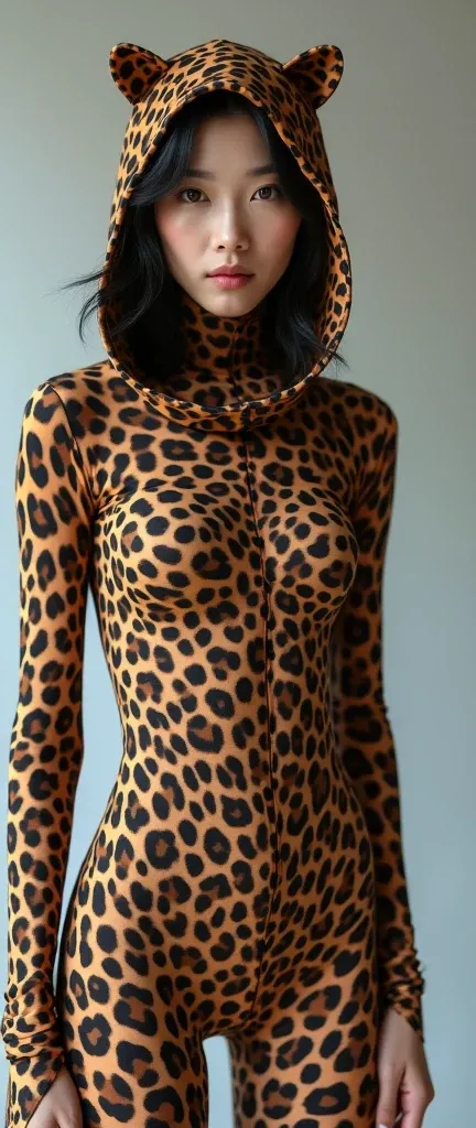 The most beautiful,thin,most pretty and clever Chinese adult girl wears leopard print lycra turtleneck unitard catsuit covered with many spots.She always wear leopard print lycra dancewear hijab-like zentai hood covered with many spots.