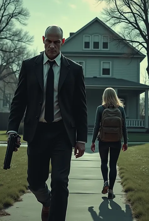 Bald white man with a gun entering a house accompanying a blonde woman with a backpack