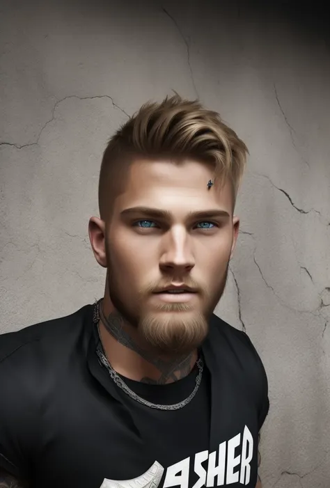 A blonde Viking warrior with a beard, shaved hair on the sides, tribal tattoos, a tribal necklace, blue eyes, a muscular young man, bonitas, heroic, Realistic, Charismatic, lot of details, Fantasy Medieval Realism Theme, Cinematic lighting, super detaill