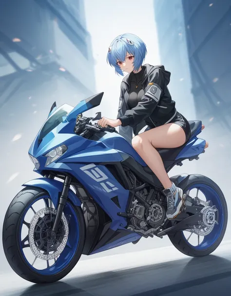 rei ayanami, masterpiece、highest quality、detailed description、black plug suit、translucent costume, jacket, blue hair, woman ridi...