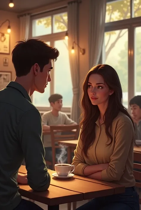 A man walking towards a girl with brown hair in the cafe