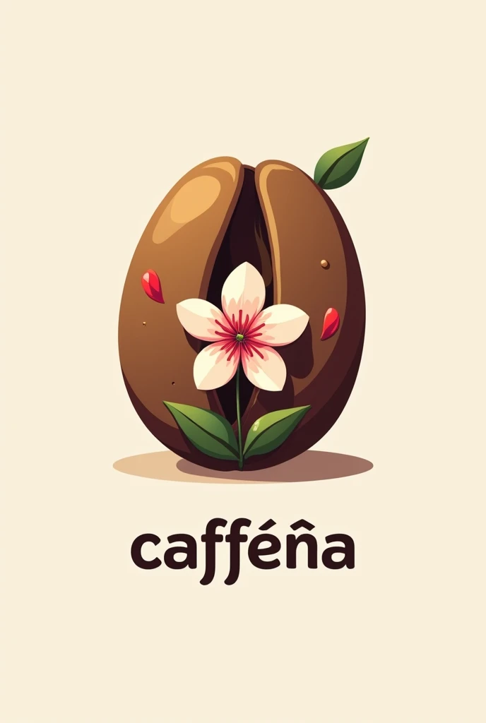 a stylize coffee bean with a cherry blossom in the center, a touch of red and green, and a modern sans-serif font for "Caffeña"