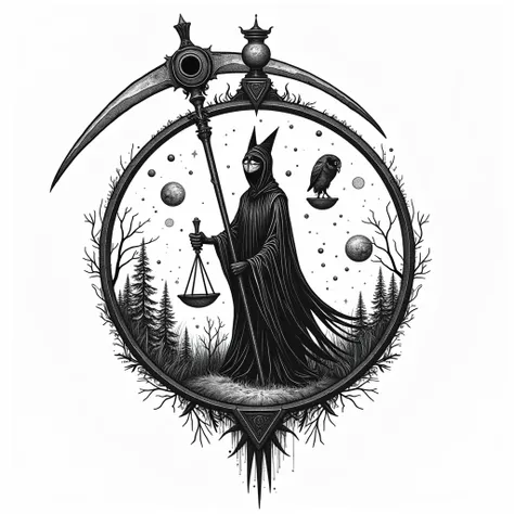 death,a scythe, An owl, A WORLD,a scale, A sand clock, all in one stamp, or magic seal,black and white drawing , stamp containing all of the above, only lines