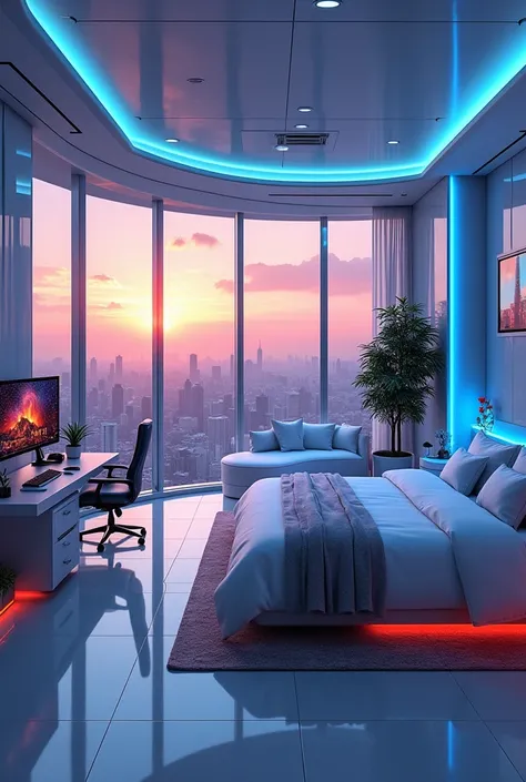 rich billionaire&#39;s futuristic modern bedroom, modern white LED lights futuristas de bilionário rico, rich billionaire&#39;s futuristic modern bedroom, realistic view, realistic sky, Sun reflection, unusual and unique, realistic shadow, realistic shader...