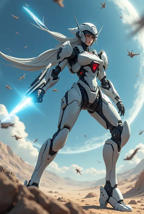 anime, Giant Robot, fluid, Junmin, Sniper, heroic, Thin legs, Full body image of a female super robot, Sniper stance, Fighting with the enemy, Simple Background,universe, 