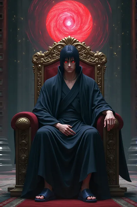 itachi showing its sharingan and sitting in throne