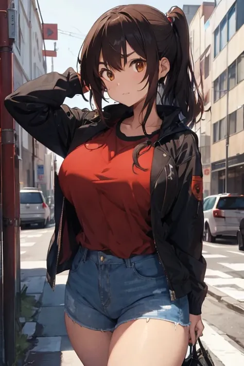 1 female, brown long messy anime hair, huge breast, thick legs, brown eyes, thick eyebrows, black jacket, red t-shirt, jeans, school