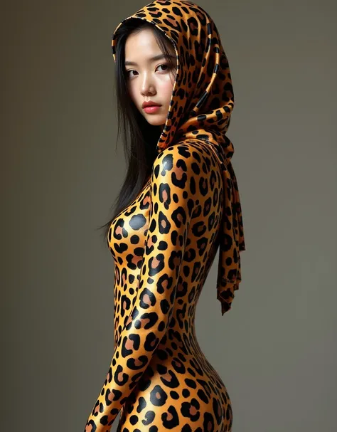 The most beautiful,thin,most pretty and clever Chinese adult girl wears leopard print lycra turtleneck unitard catsuit covered with many spots.She always wear leopard print lycra dancewear hijab hood covered with many spots.