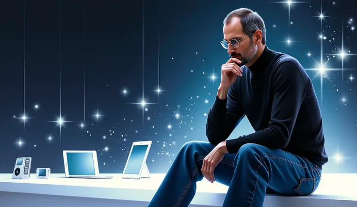 A digitally rendered portrait of Steve Jobs, capturing the essence of his visionary nature. He is seen wearing his iconic black turtleneck and blue jeans., sitting on a minimalist platform. Behind him, a timeline of Apple&#39;s evolution unfolds, with mult...