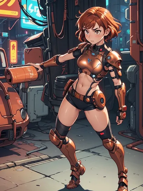 (masterpiece), (best quality), ((one girl)),((red copper hair)),(brown eyes),short hair, curly hair, anime style, freckles, (small breast), (petite figure), legs,(cyberpunk),(cyberpunk armor) (full body armor),(full leg armor),(almond eyes),(tan skin)