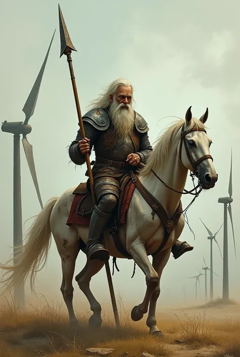 A thin old man with a beard and white hair, armor and helmet, holding a spear, riding a thin, weak horse in a place full of windmills.