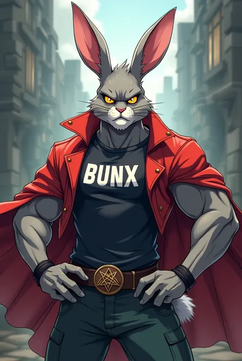 An anime style rabbit, from wizard class, with a shirt that says Bunx , adult and bad face, with muscles , as if he were an RPG wizard