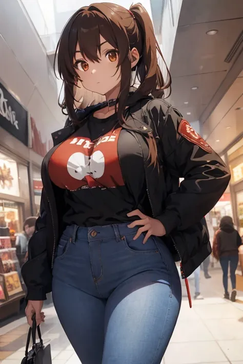 1 female, brown long messy anime hair, huge breast, thick legs, brown eyes, thick eyebrows, black jacket, red t-shirt, jeans, in mall, music store, headphone