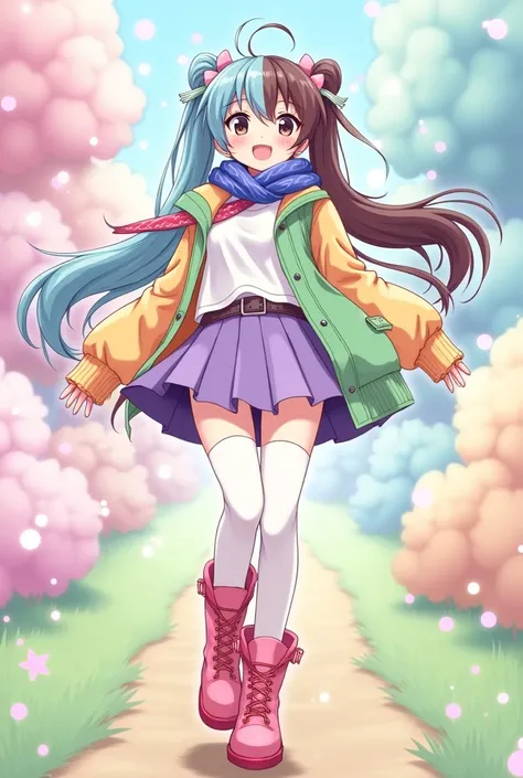 Create an anime style girl with a white t-shirt under a light green jacket with orange and pink sleeves, short purple and yellow skirt, with a blue and red scarf,with long white stockings, with pastel red boots, with long hair with pigtails half blue and h...