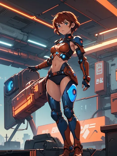 (masterpiece), (best quality), ((one girl)),((red copper hair)),(brown eyes),short hair, curly hair, anime style, freckles, (small breast), (petite figure), legs,(cyberpunk),(blue cyberpunk armor) (full blue body armor),(full leg armor),(almond eyes),(tan ...