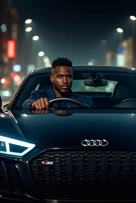 An Audi R8 car with a dark-skinned man inside